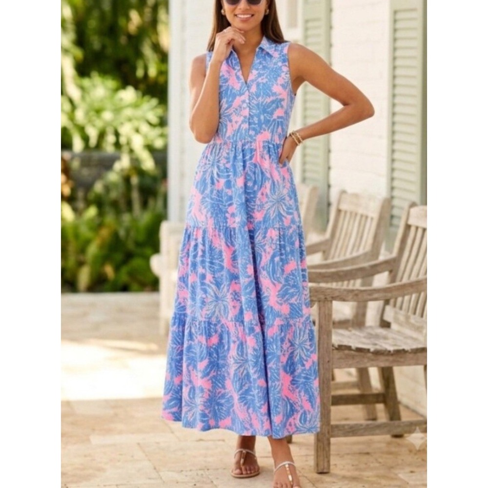 Lilly Pulitzer Riegan Maxi Dress Pink Blue Up Scale Floral Cotton Womens L